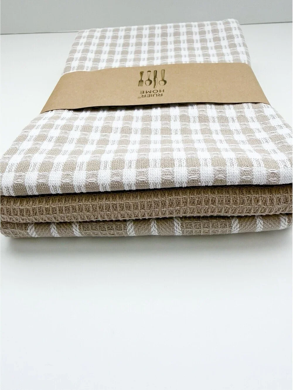 Farmhouse Kitchen Towels Set Beige White Cotton Dish Towels w Silicone Spoon New